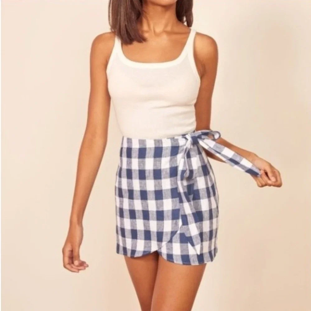 Reformation Sax Linen Wrap Mini Skirt Navy White Gingham Check Size L